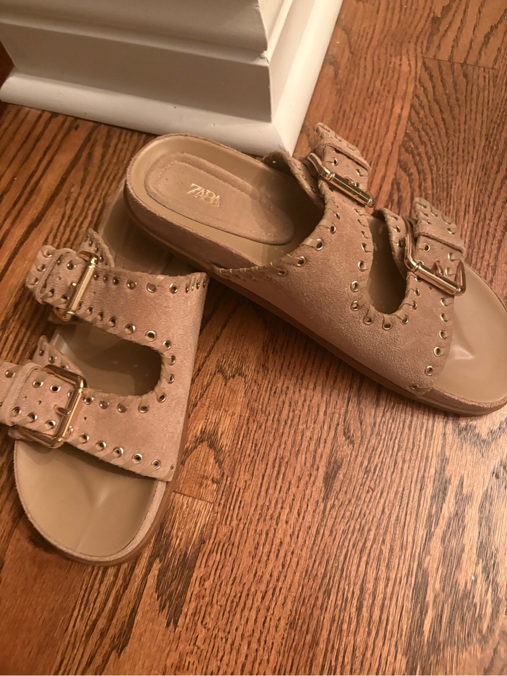 Zara Tan Suede Double Buckle Studded Mules